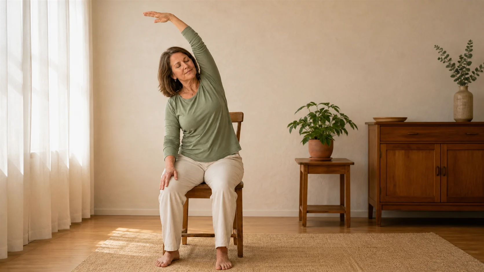 Middle-aged woman practicing a gentle seated side stretch at home