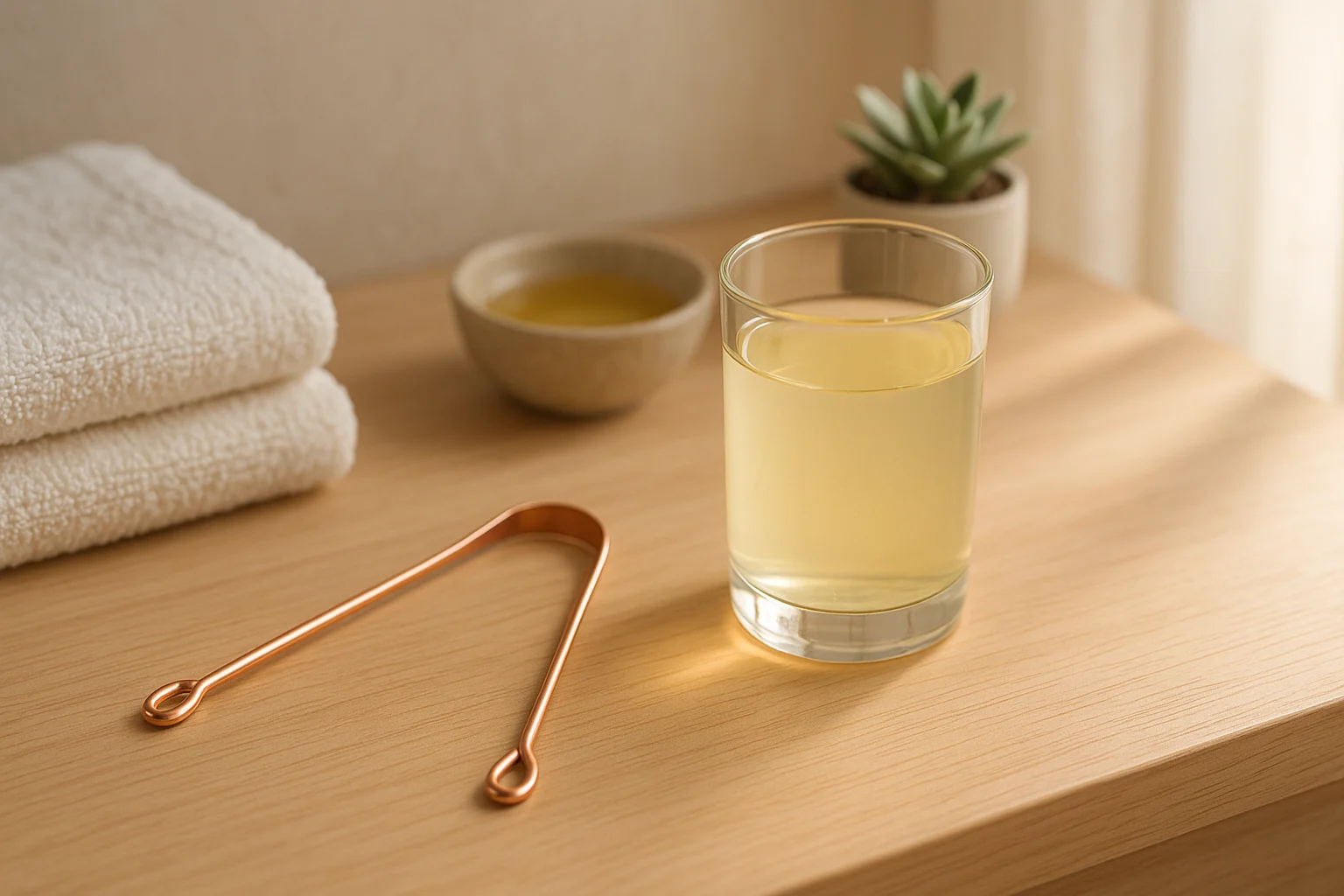 Ayurvedic morning routine with copper tongue scraper and warm water