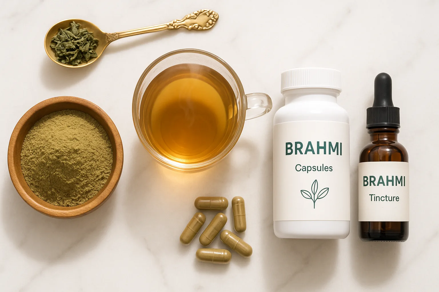 Brahmi in different forms — tea, capsules, powder, and tincture for mental clarity