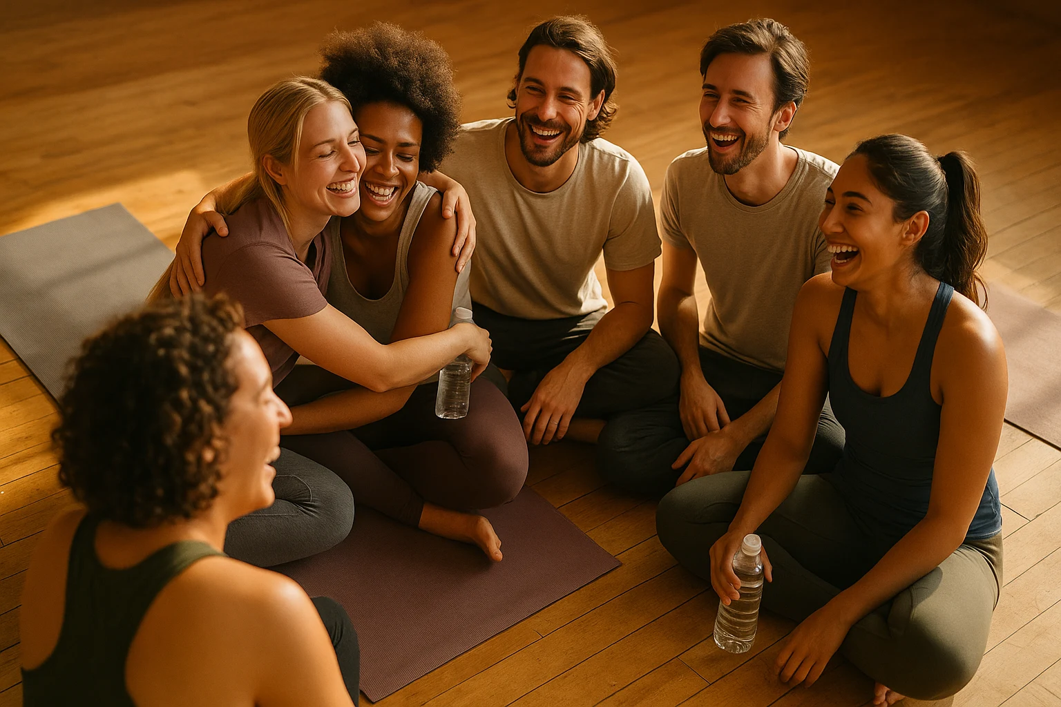 Yoga teacher training participants bonding during session