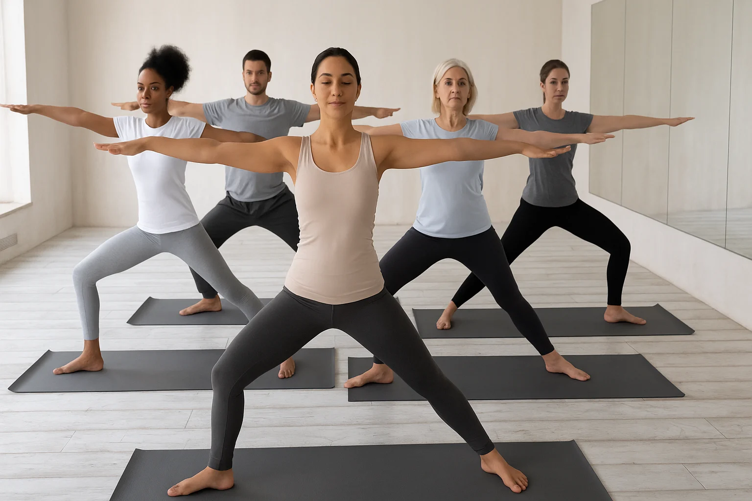 Group practicing yoga during teacher training