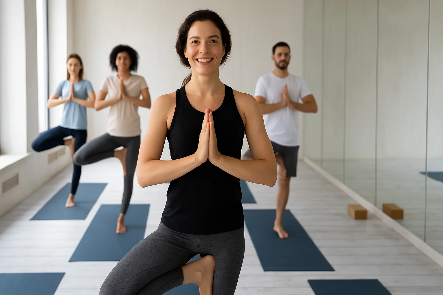 Yoga instructor leading a class after training