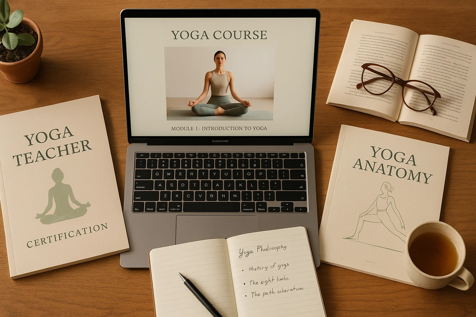 Yoga certification curriculum materials on a desk