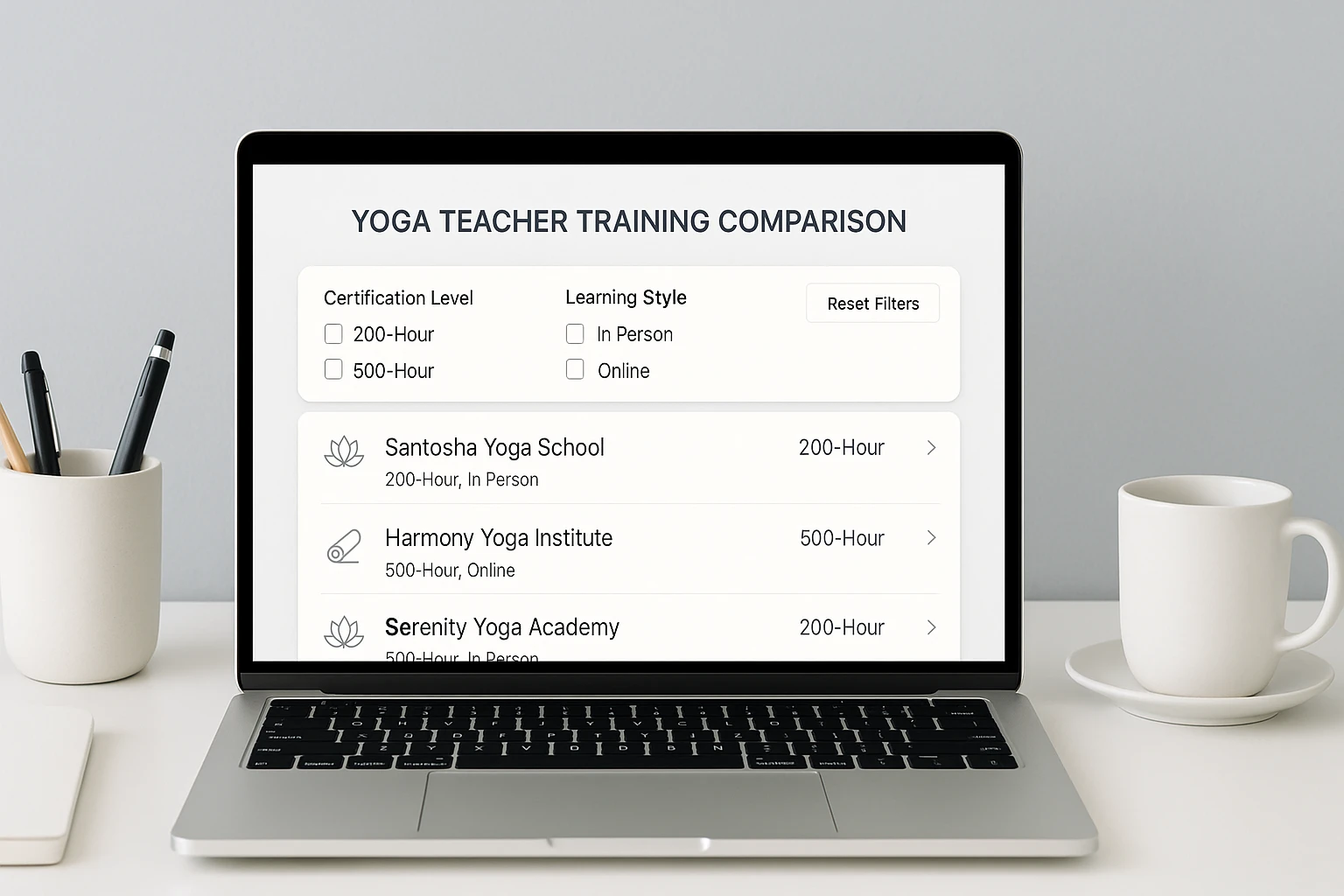 Interactive yoga teacher online training comparison tool interface
