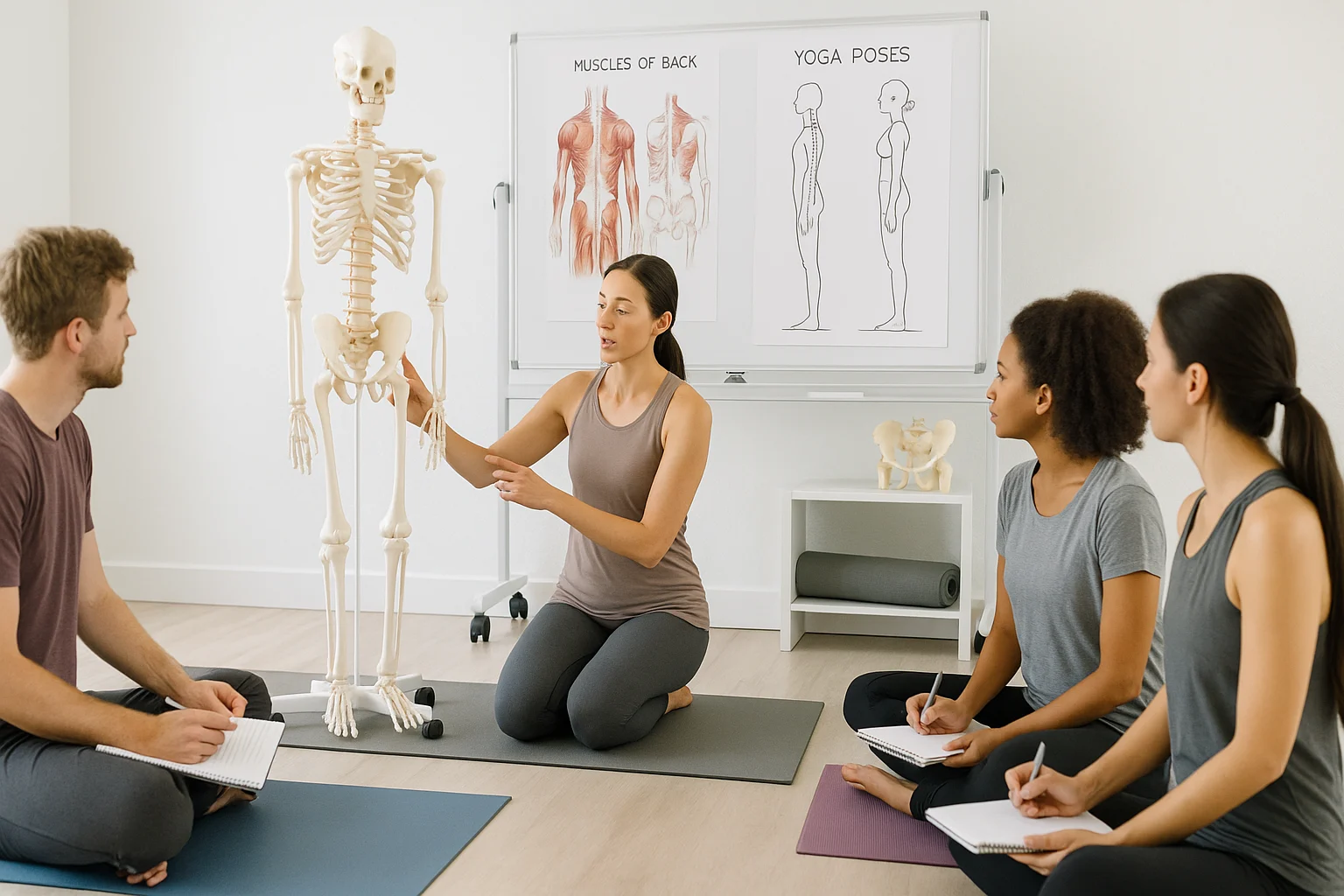 Students learning anatomy in yoga teacher training