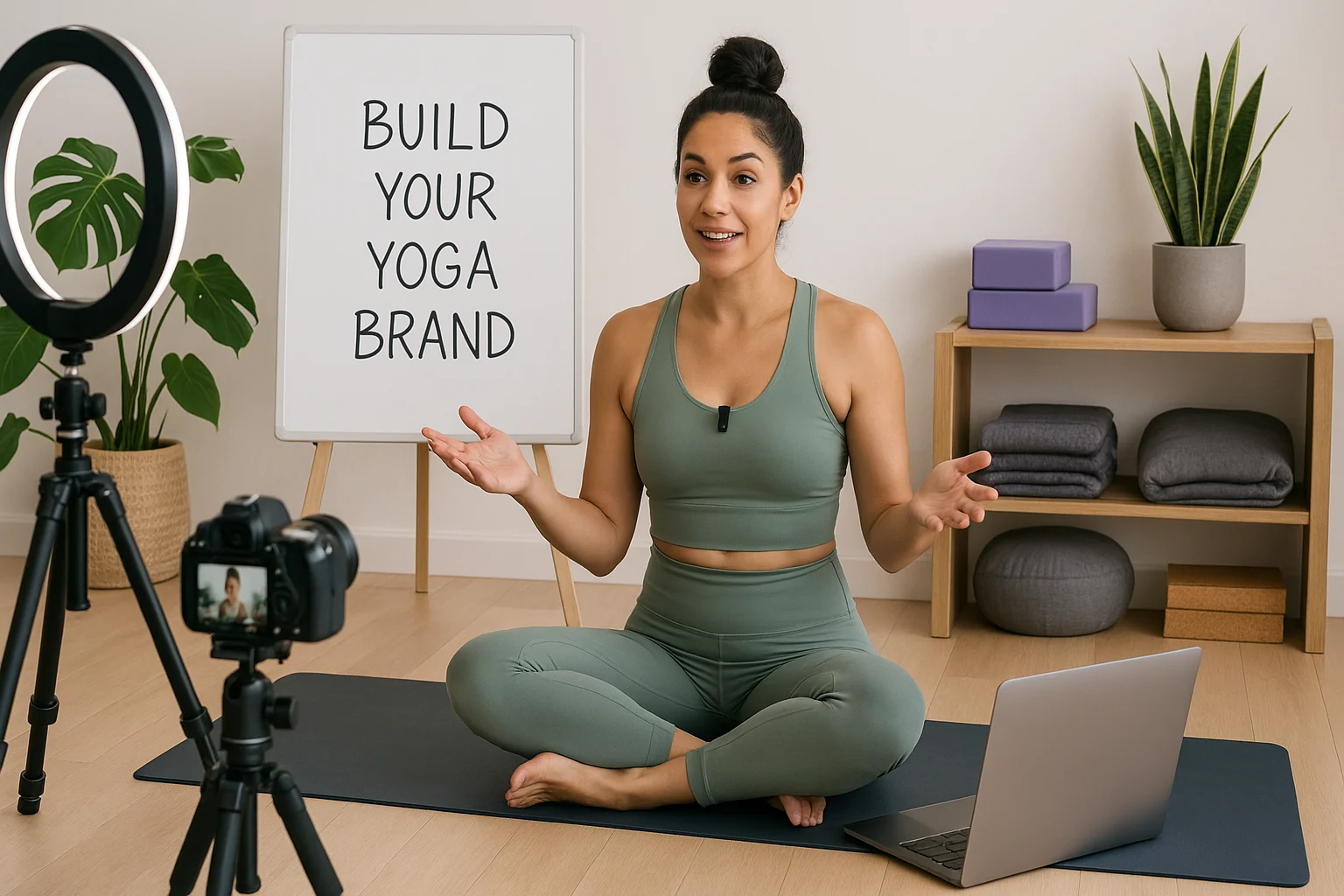 Yoga instructor filming an online class for a yoga teacher training guide