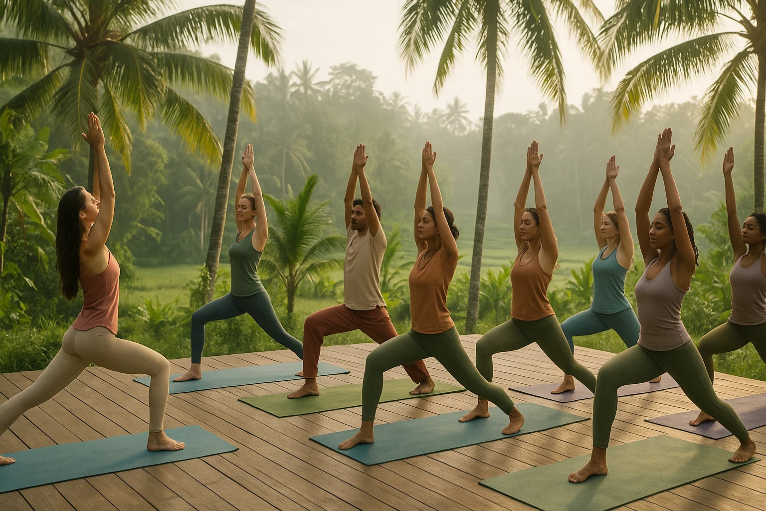 Yoga teacher training guide students practicing in Bali