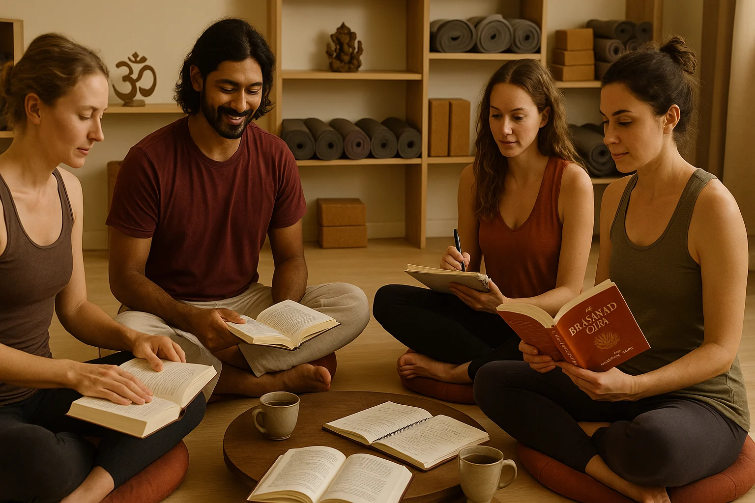 Yoga students studying philosophy texts