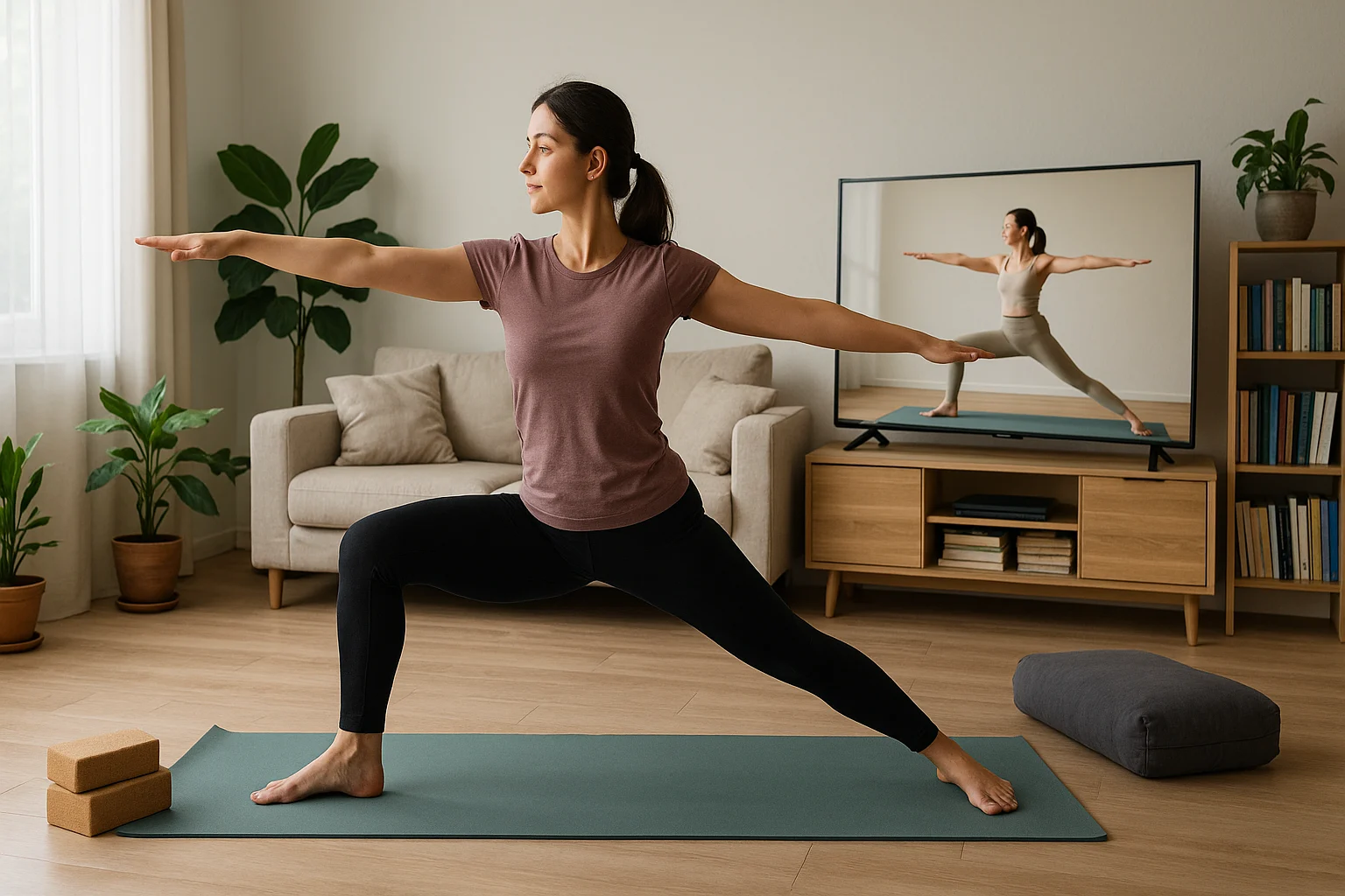 Student practicing yoga during online training
