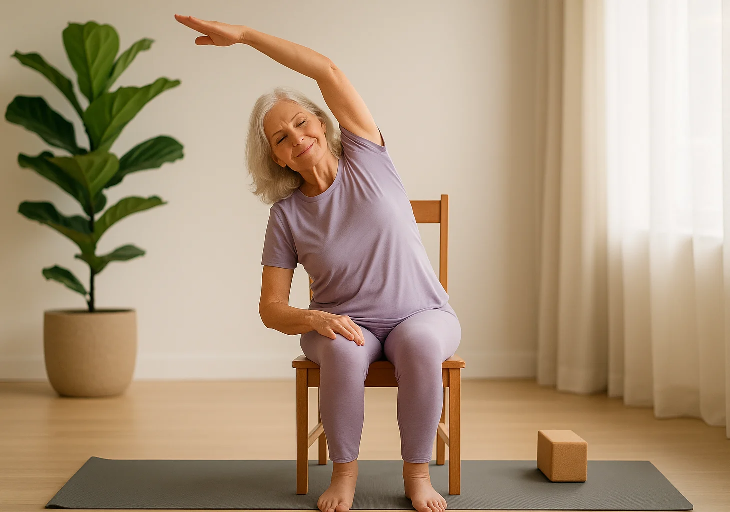 Senior practicing seated yoga poses