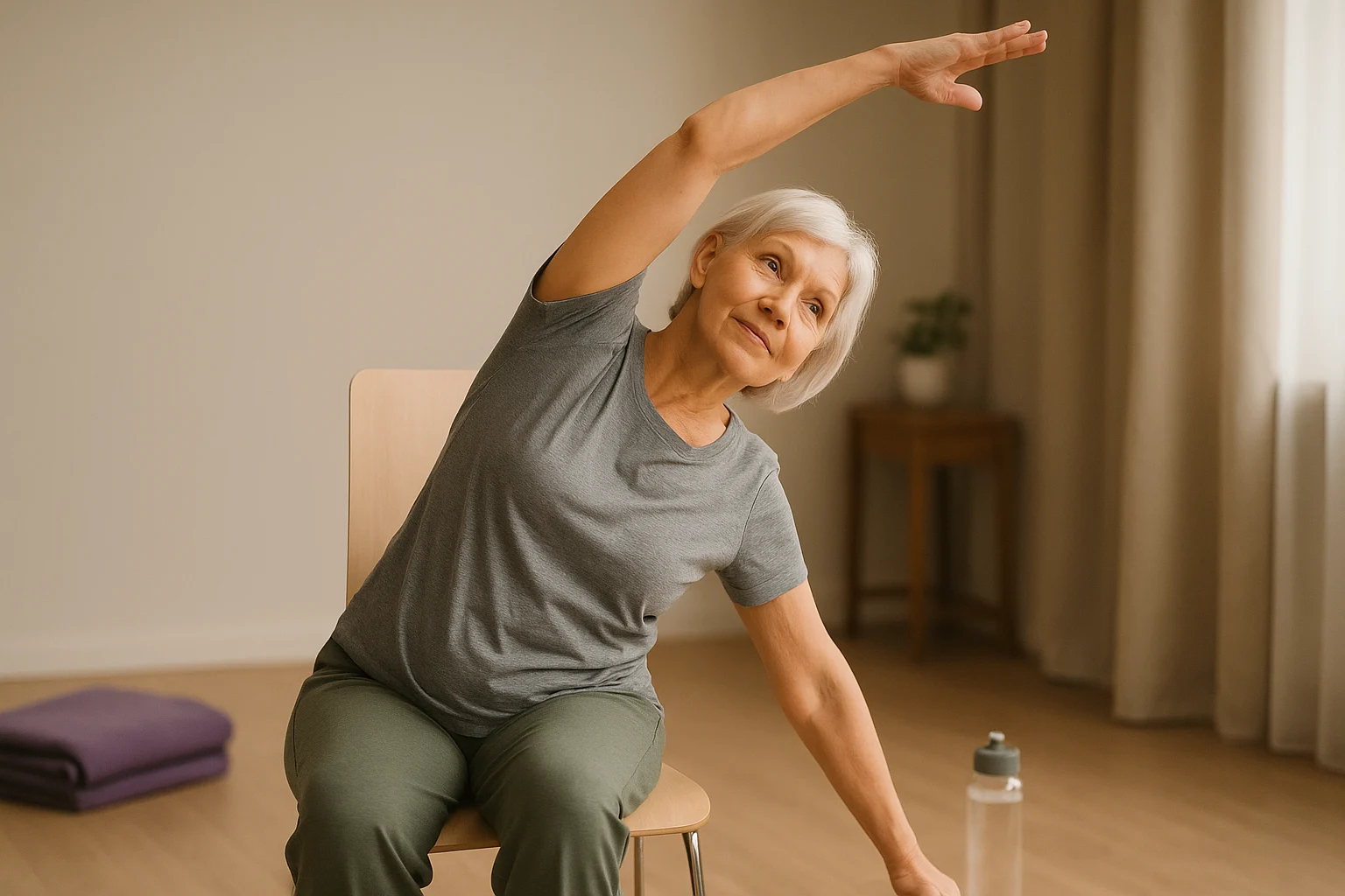Senior practicing chair yoga exercises for weight loss with a sturdy chair