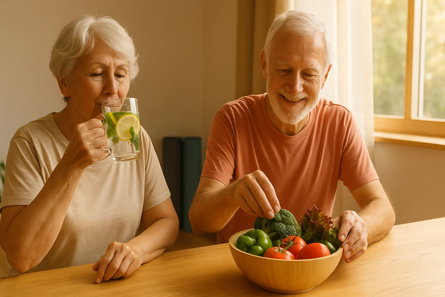 Seniors enjoying healthy habits to complement chair yoga exercises for weight loss