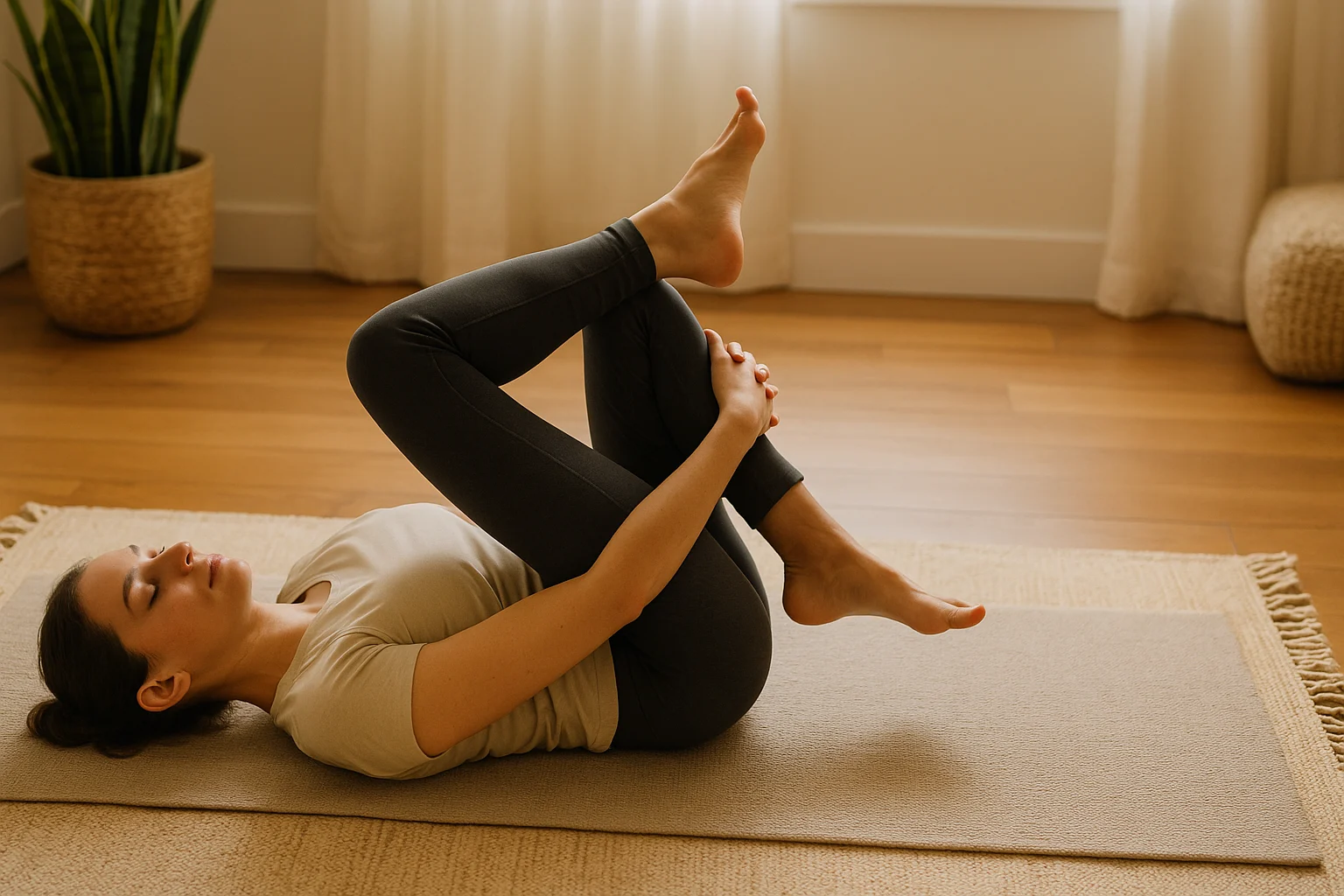 Person performing Supine Figure Four stretch for piriformis relief