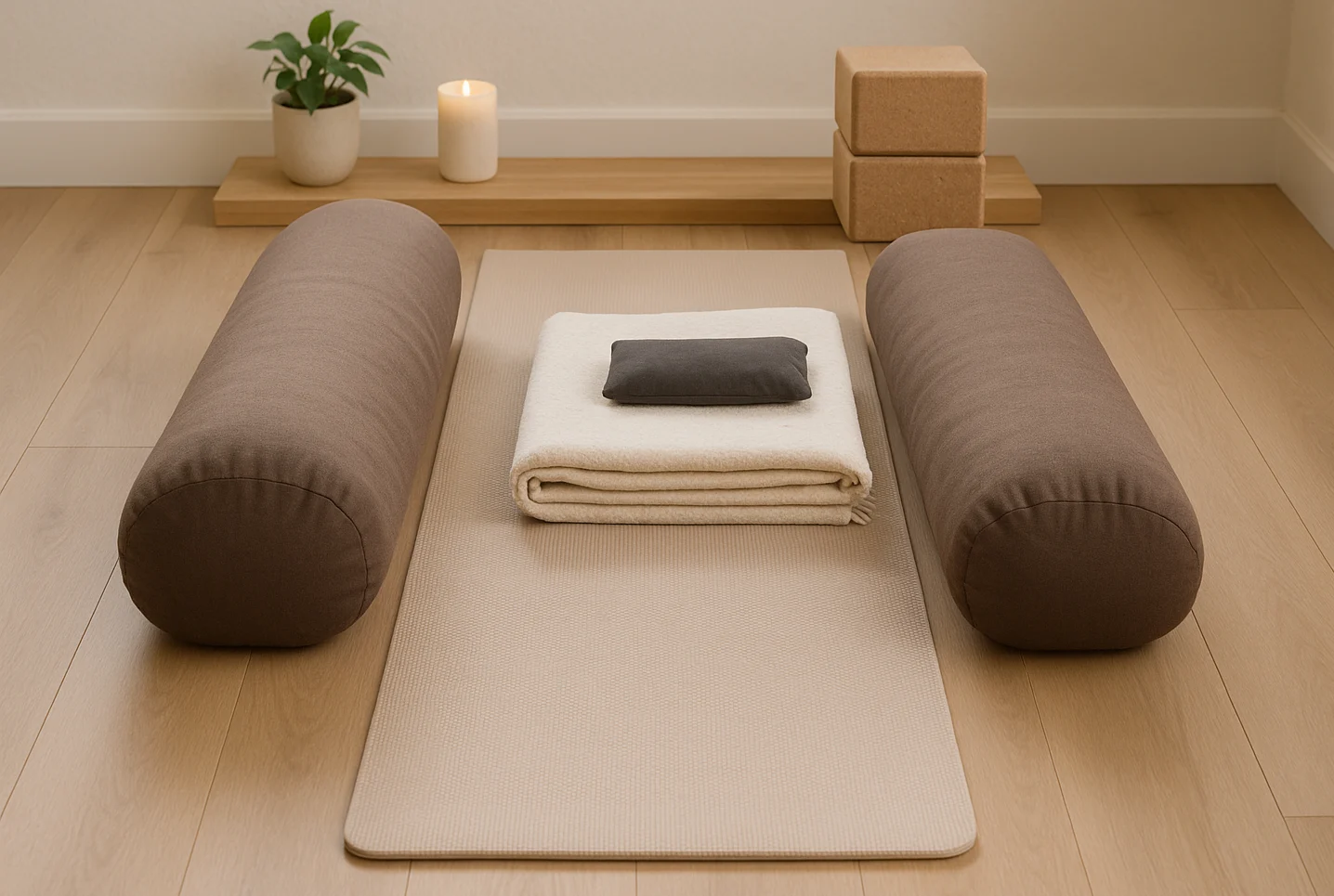 Recovery yoga setup with blankets and bolsters