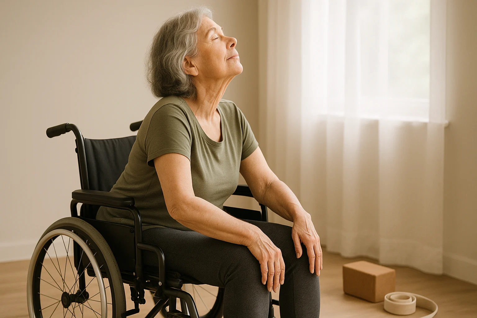 Senior performing Seated Cat-Cow Flow in wheelchair yoga