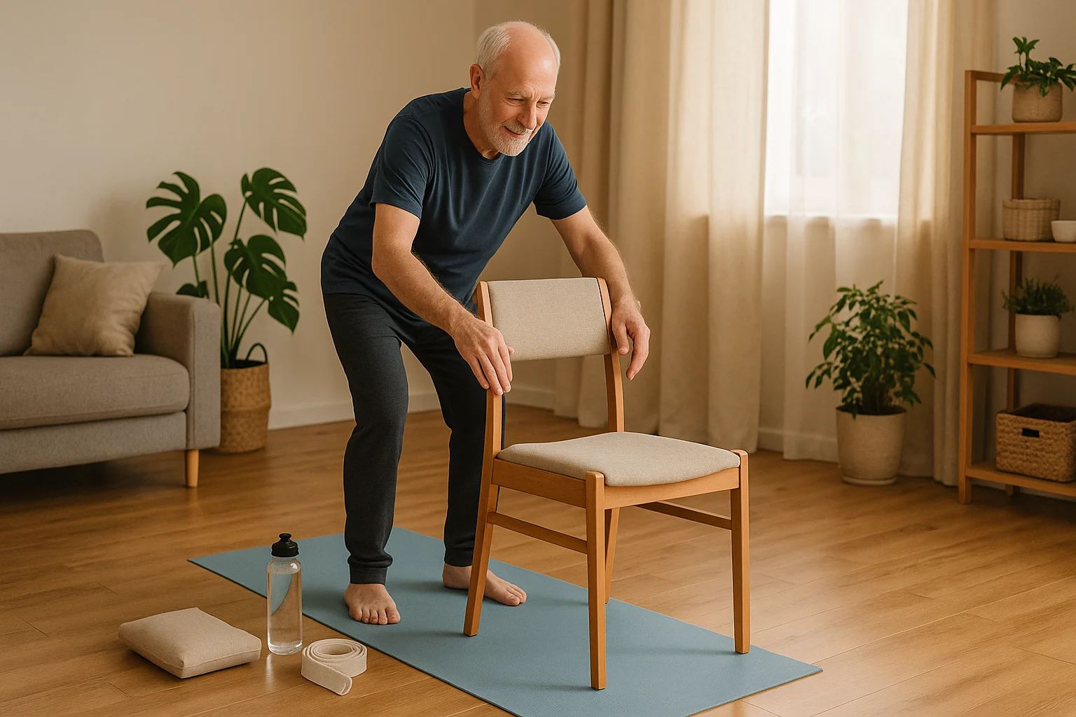 Senior setting up a stable chair for wheelchair yoga