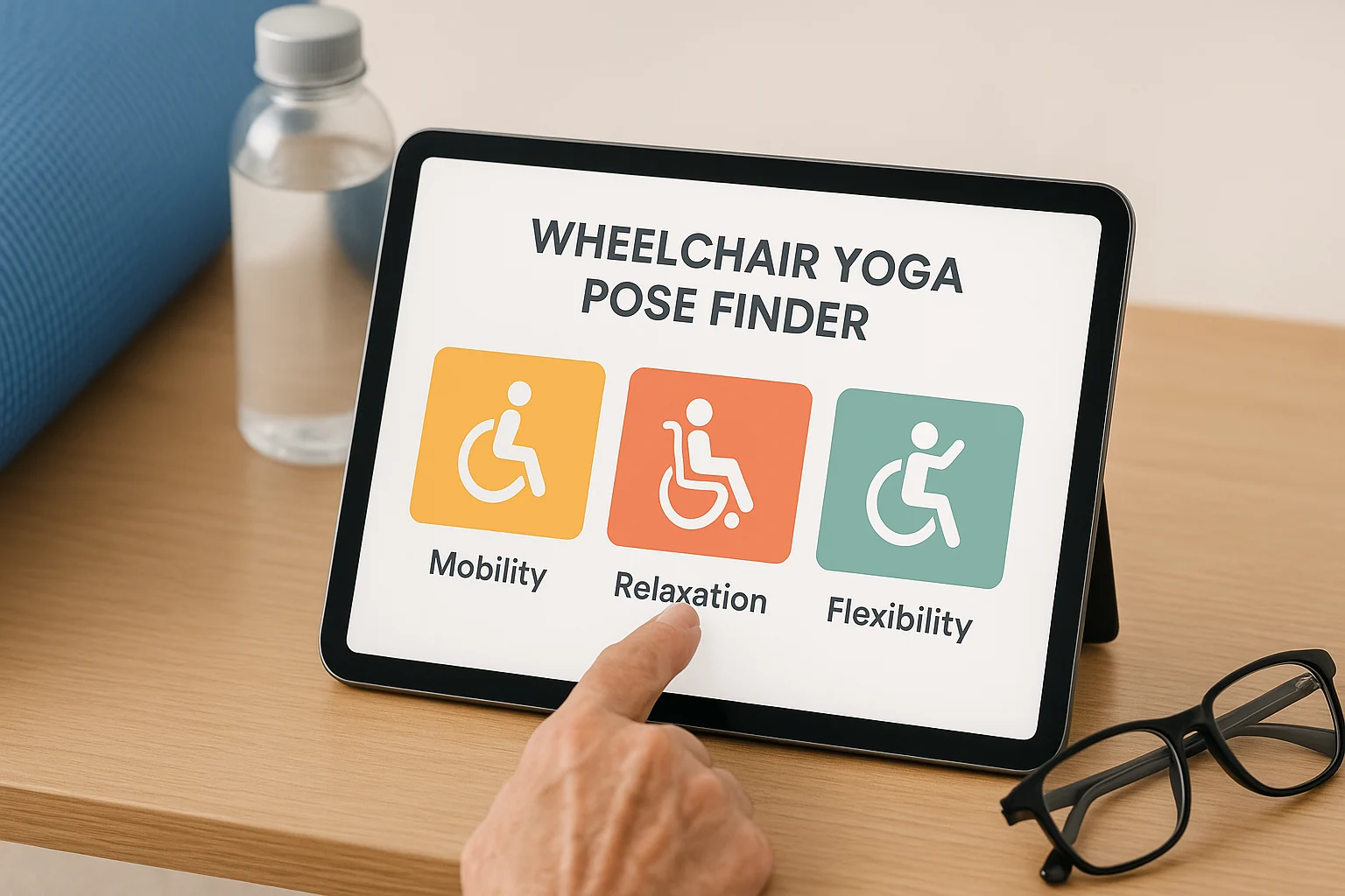 Interactive wheelchair yoga pose finder tool interface