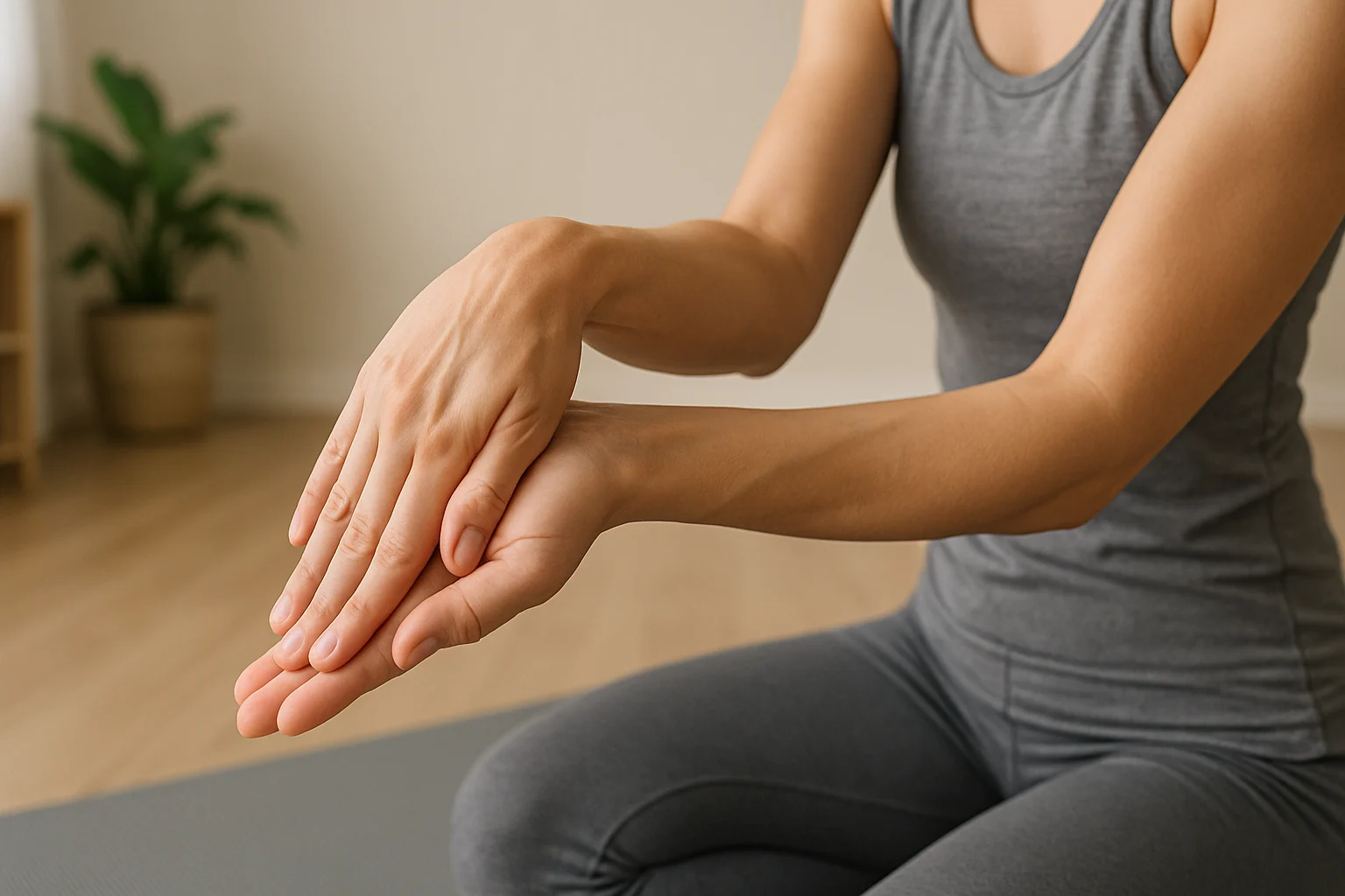 Demonstration of wrist flexor stretch for yoga carpal tunnel
