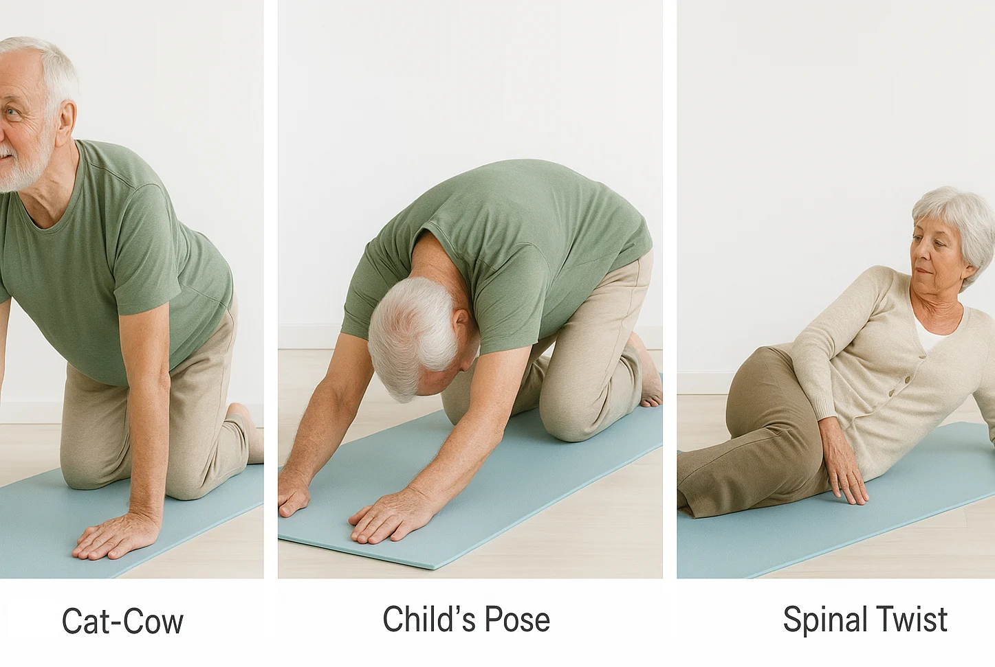 Seniors practicing low-impact yoga poses for back pain relief