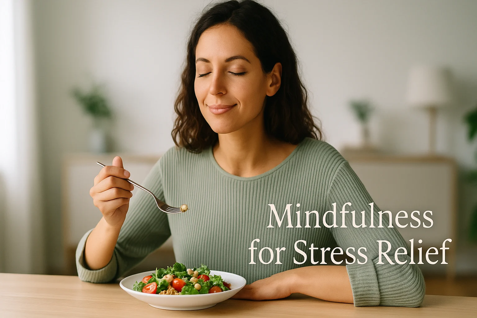 Person practicing mindful eating with a colorful salad