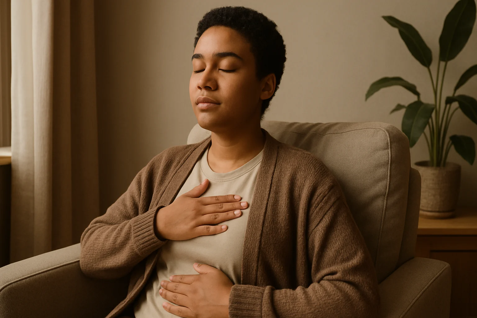 Person practicing mindful breathing for recovery