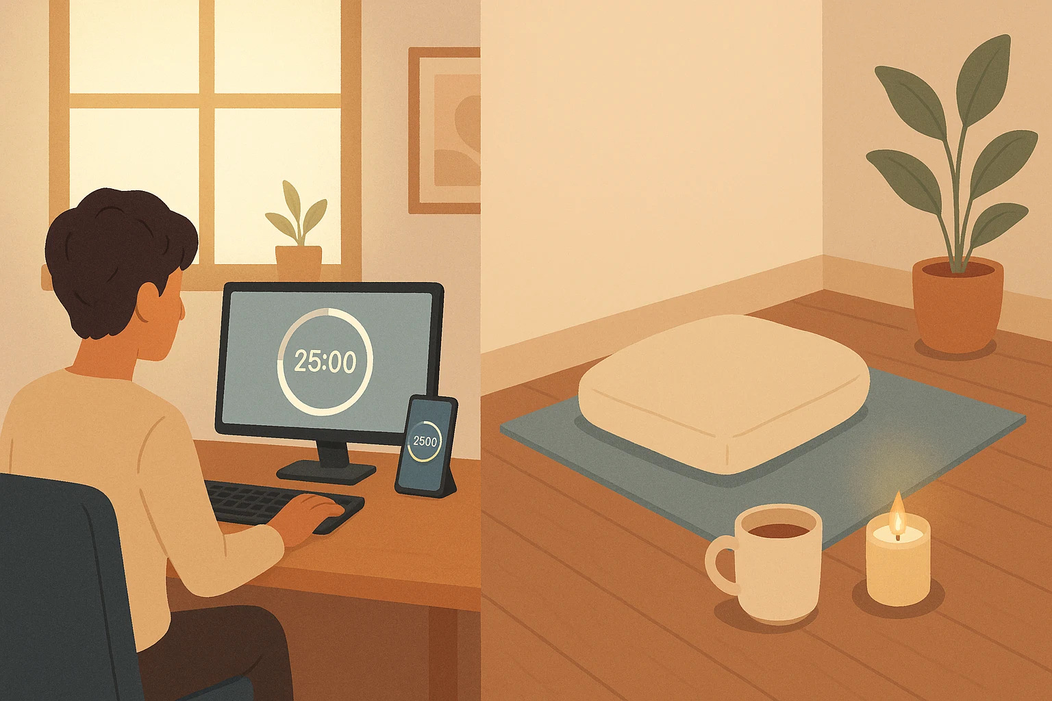 Person using Pomodoro technique with mindful breaks