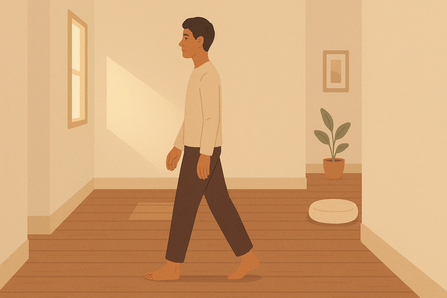 Person practicing mindfulness walking meditation in a hallway