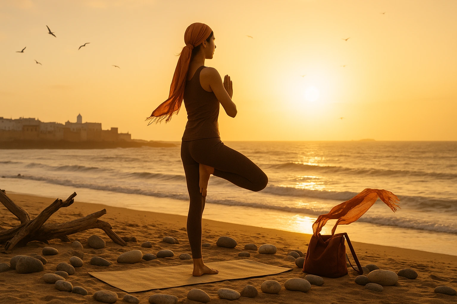 Coastal yoga session in Essaouira