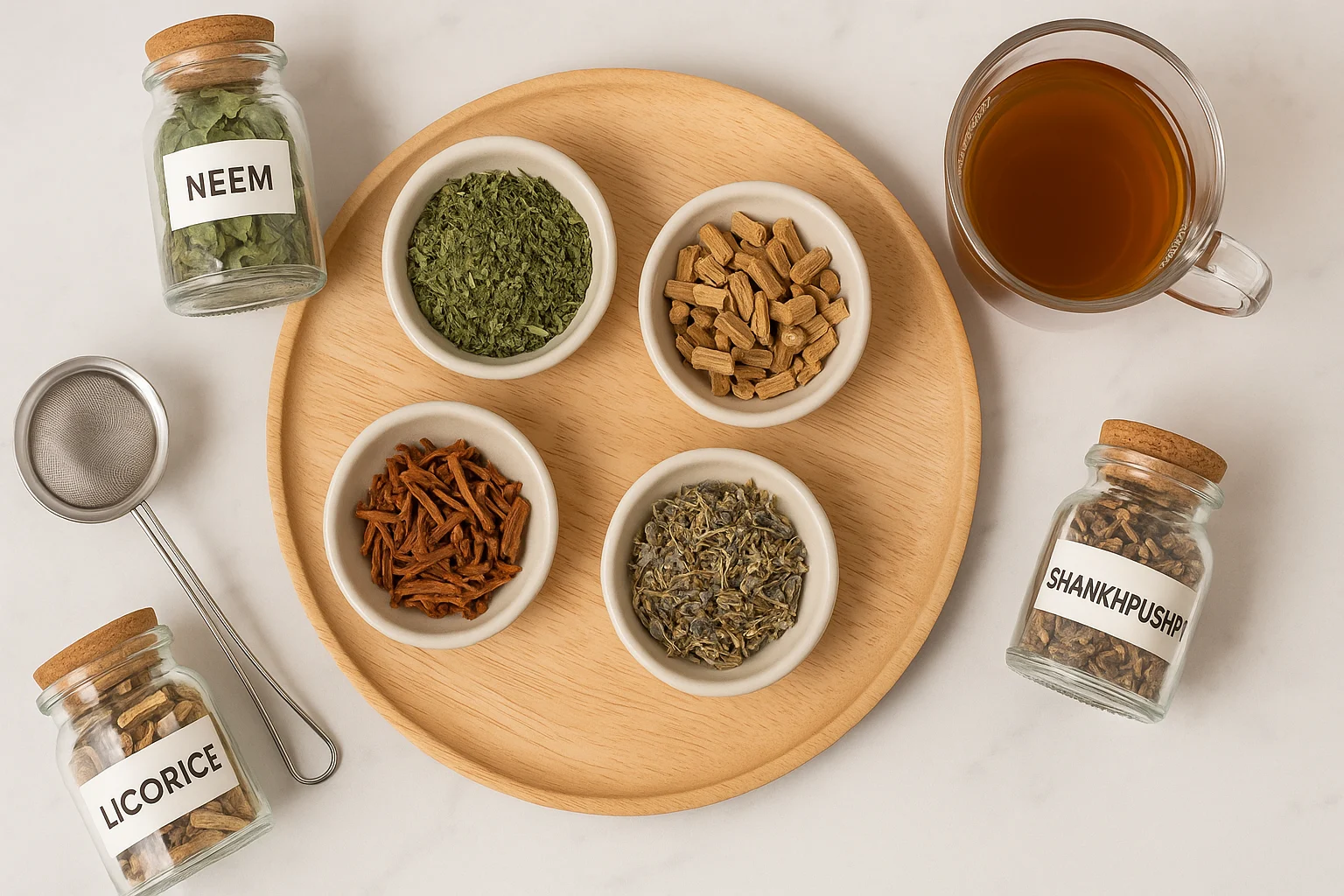 Herbs like neem, manjistha, and licorice for Dosha balance and skin health