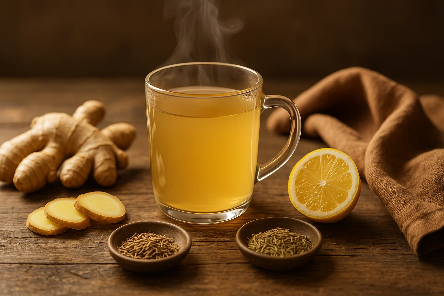 Steaming cup of ginger tea for digestion