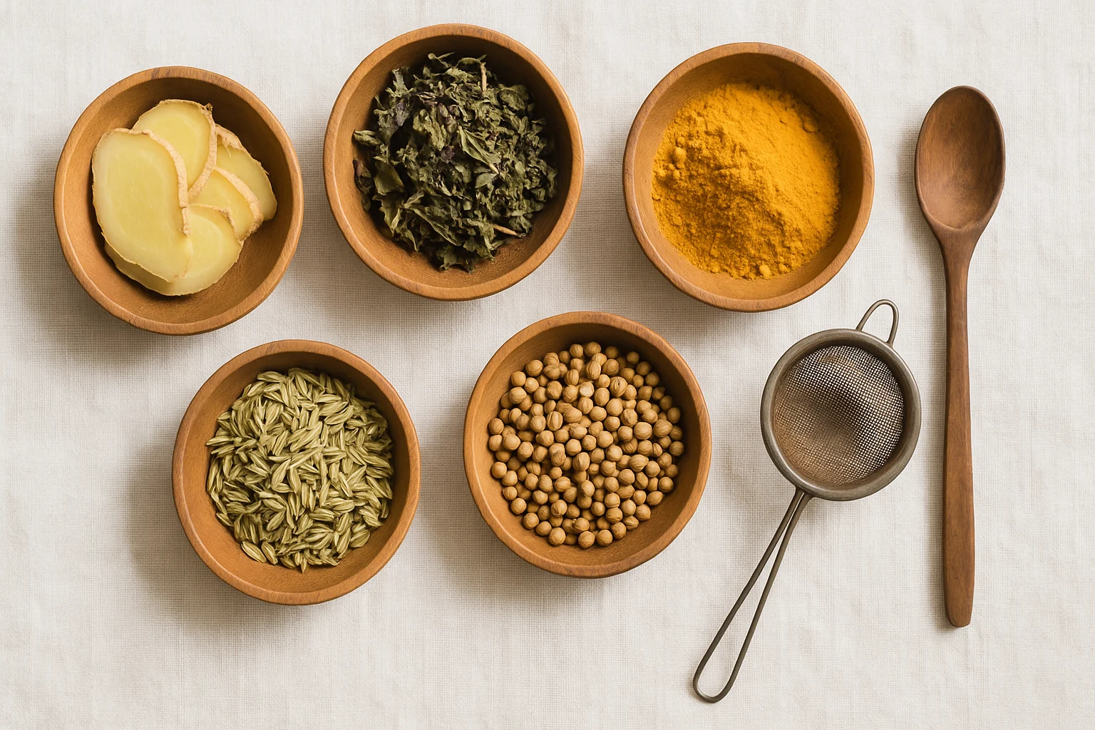 Close-up of Ayurvedic tea herbs like ginger and tulsi
