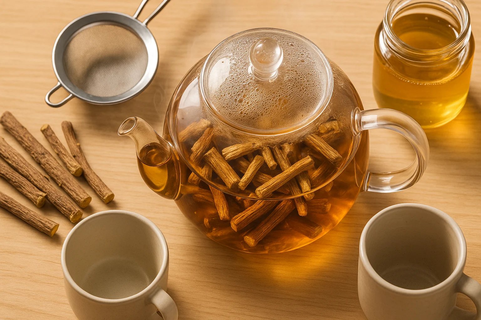 Dried licorice root steeping in a teapot