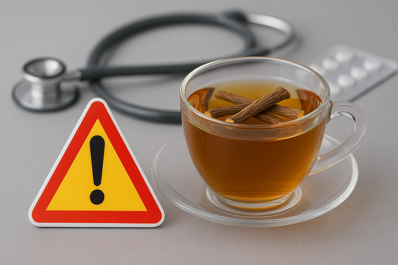 Warning sign with licorice tea for safety precautions