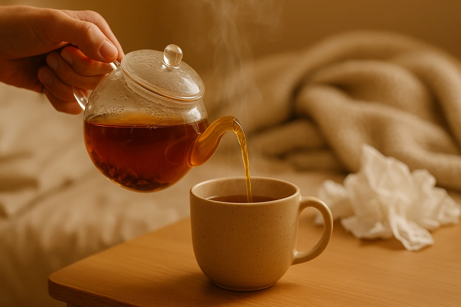 Pouring licorice tea into a cup for sore throat relief