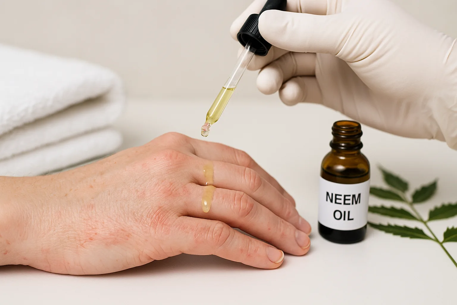 Neem oil soothing eczema on skin
