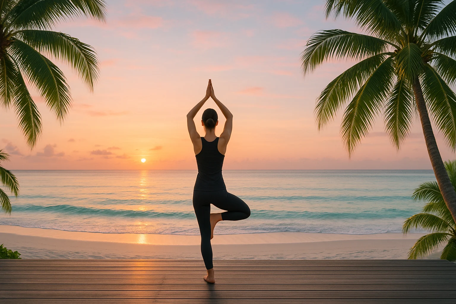 header image for a yoga retreat guide showing a sunrise beach yoga scene