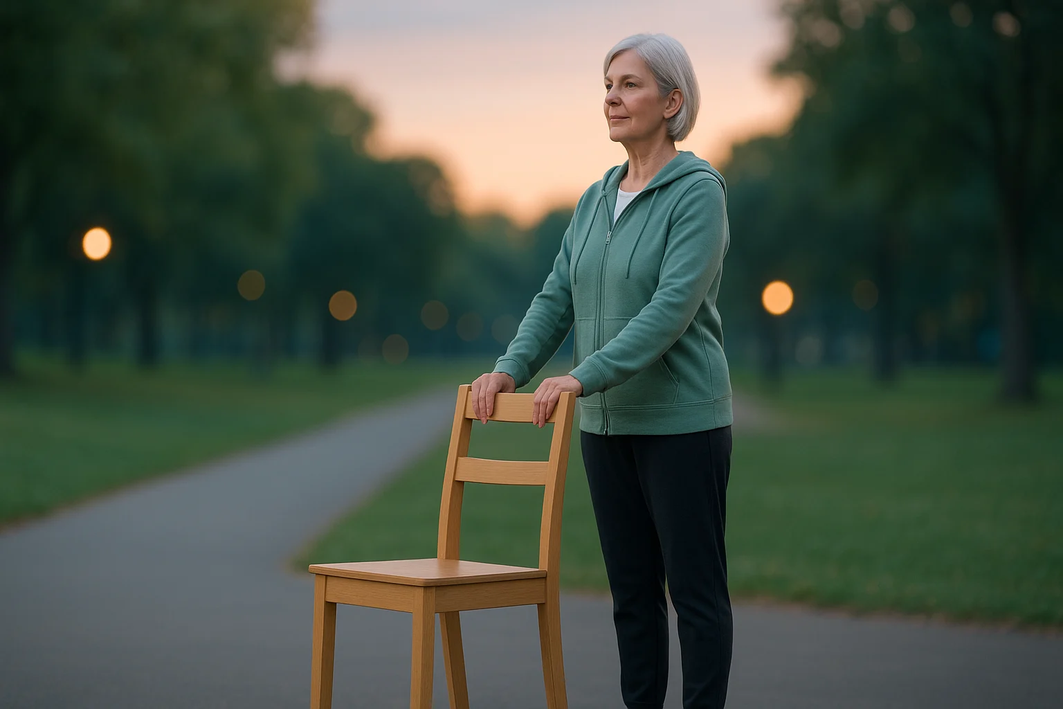 Gentle yoga pose in a calm park at dusk