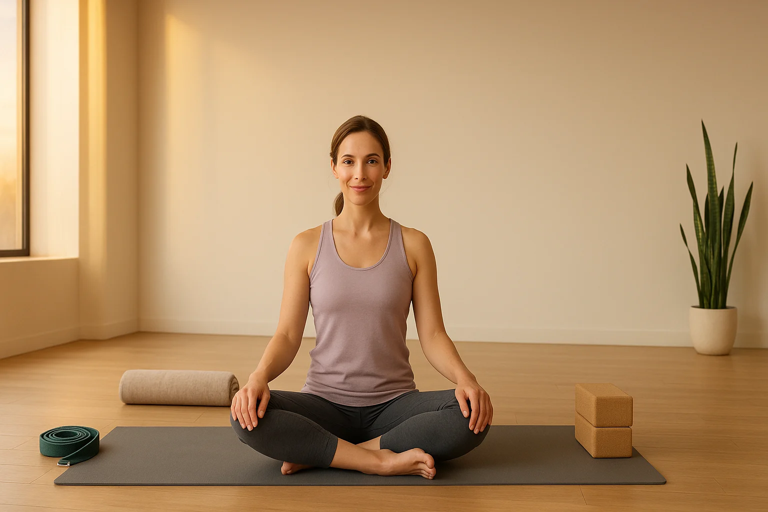 Yoga specialized health session in a serene studio at sunrise