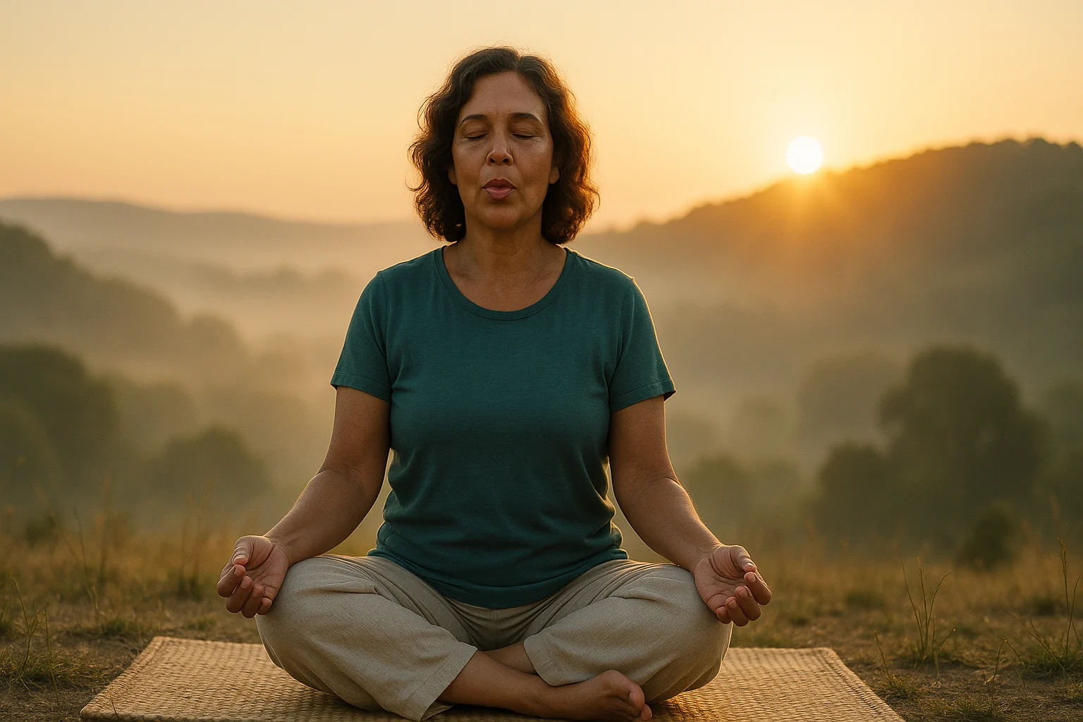 Ayurveda menopause management with a woman practicing yoga at sunrise