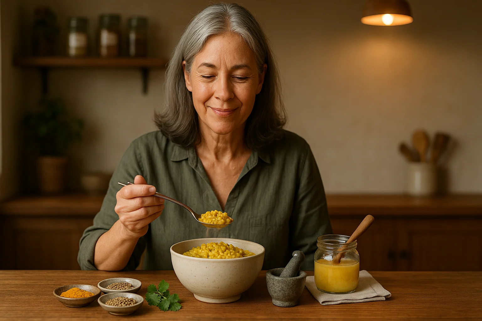 Woman enjoying a warm meal with herbs in a cozy kitchen