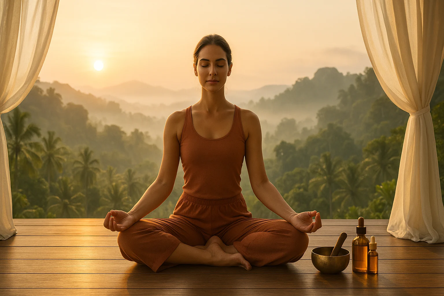 Woman practicing meditation in lotus pose during an Ayurvedic yoga retreat at sunrise, with essential oils and singing bowl on a wooden deck overlooking a lush tropical forest.