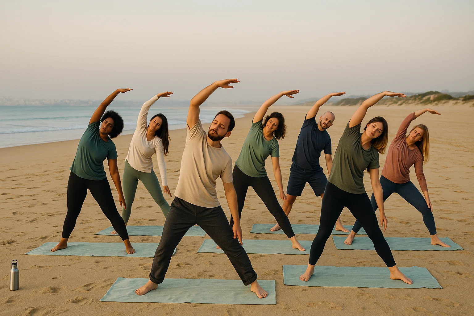 Group beach yoga on Meia Praia, Lagos