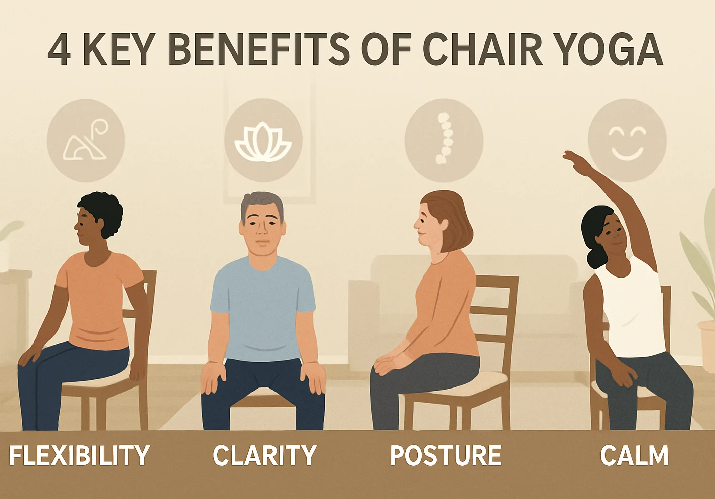 4 key benefits of chair yoga—flexibility, clarity, posture, and calm—illustrated with people doing seated poses