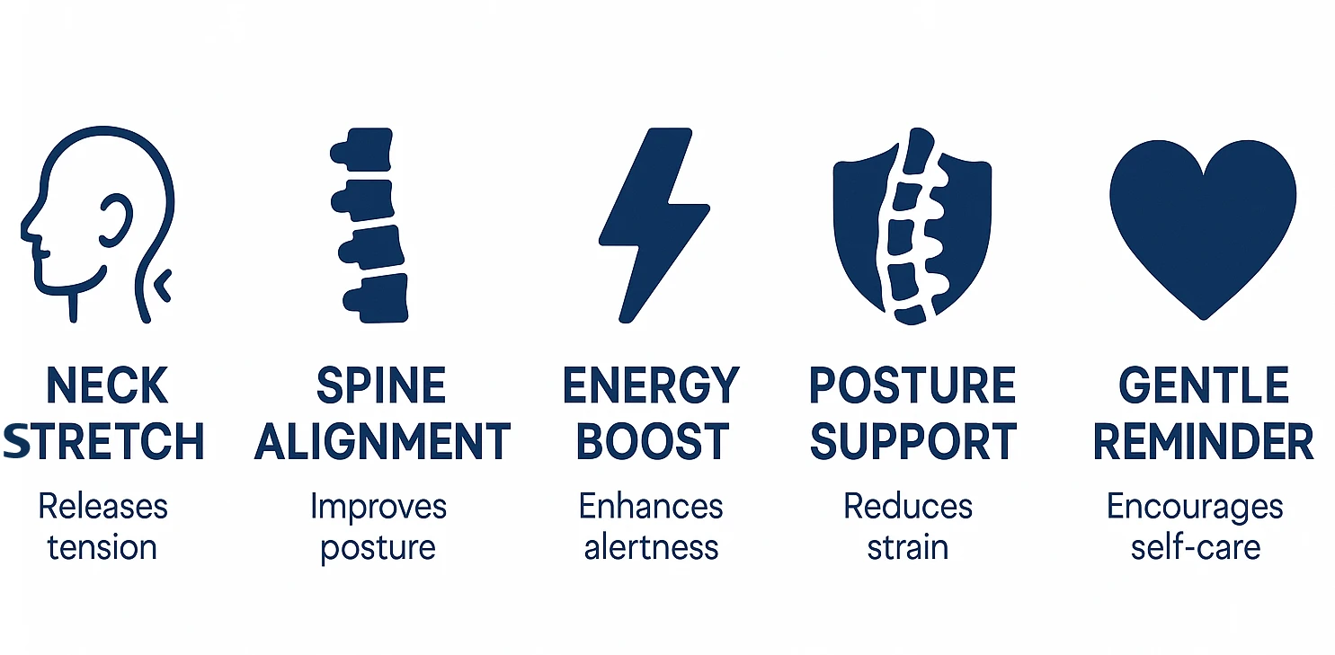 Infographic summarizing benefits of quick desk yoga posture routine