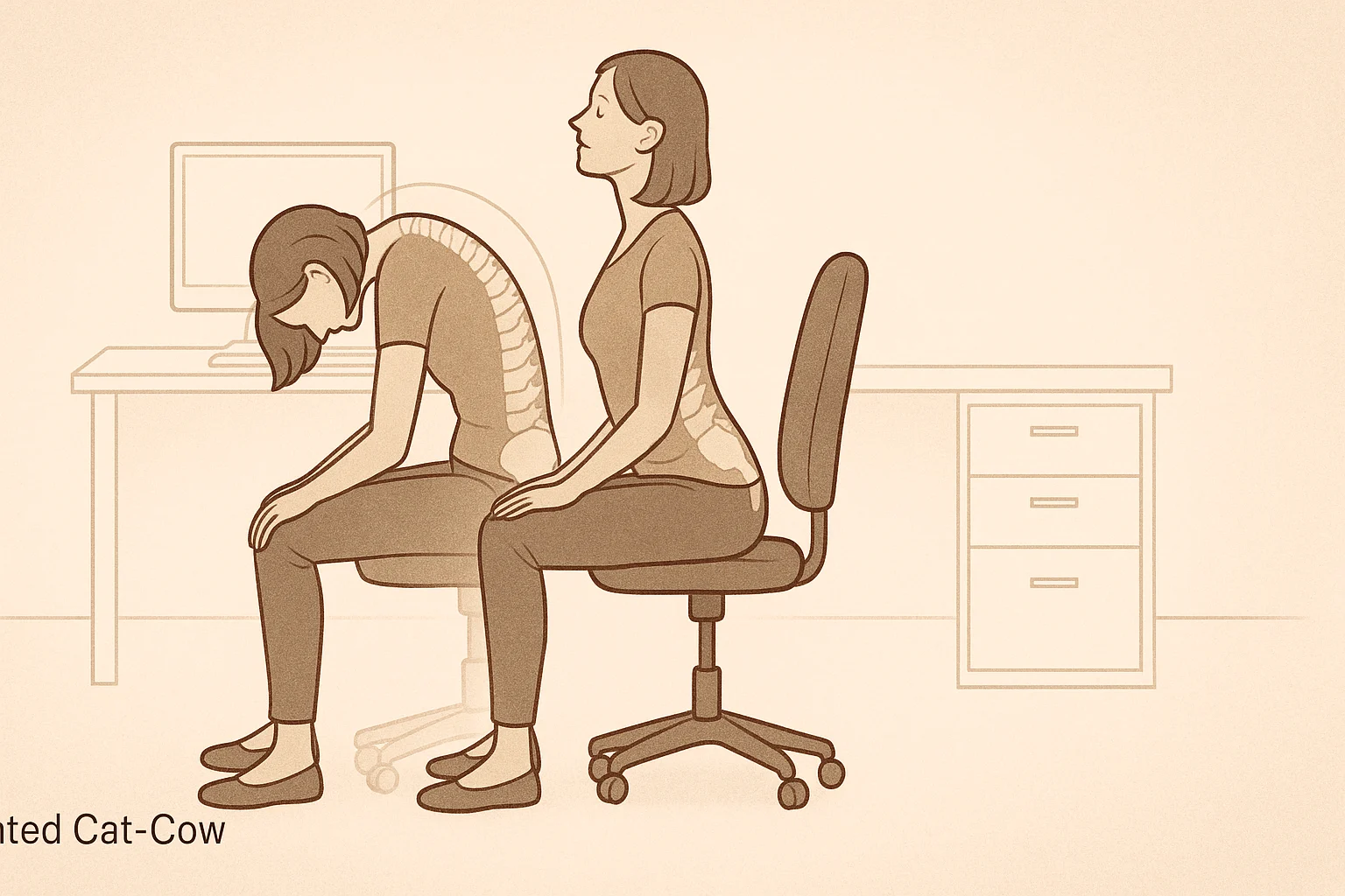 Person performing seated cat-cow pose in quick desk yoga posture routine