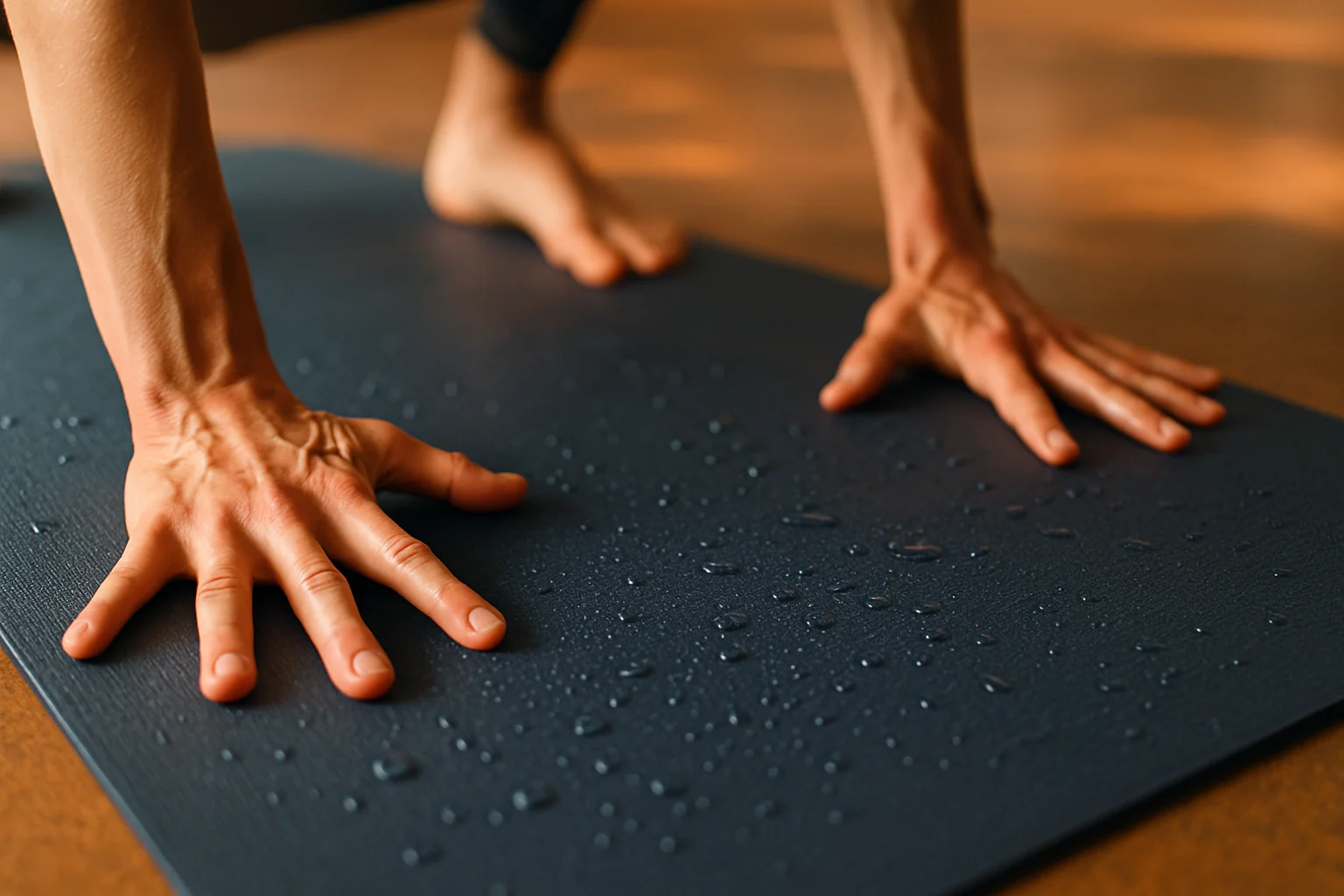 Yogi practicing on an eco-friendly sweat-resistant yoga mat in a hot yoga class
