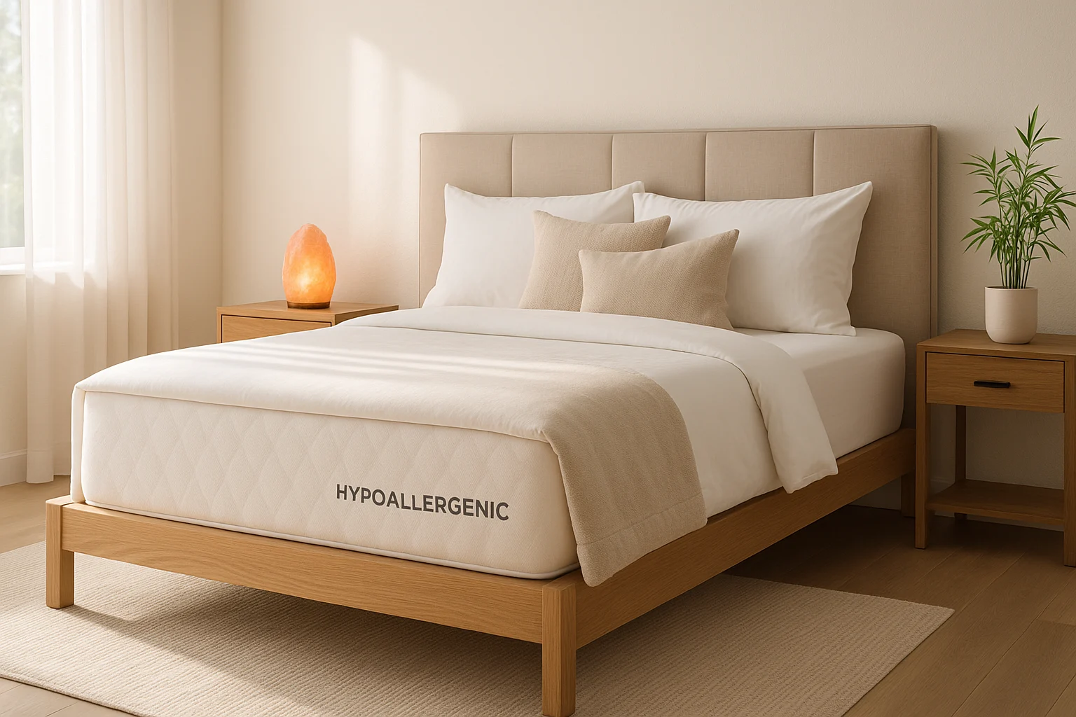 Cozy bedroom with a hypoallergenic mattress for allergy-free sleep