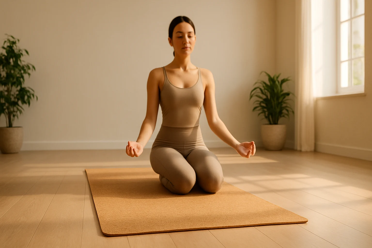 Woman meditating on a hypoallergenic cork yoga mat in a bright minimalist studio with natural sunlight and indoor plants