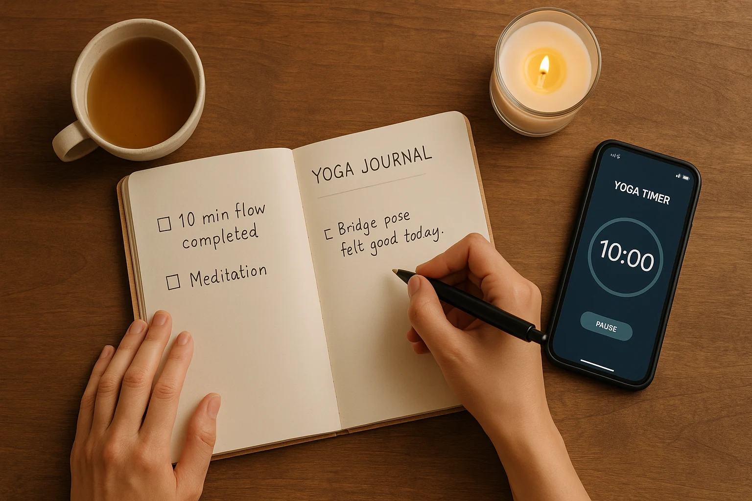 Person tracking yoga at home no equipment progress in a journal