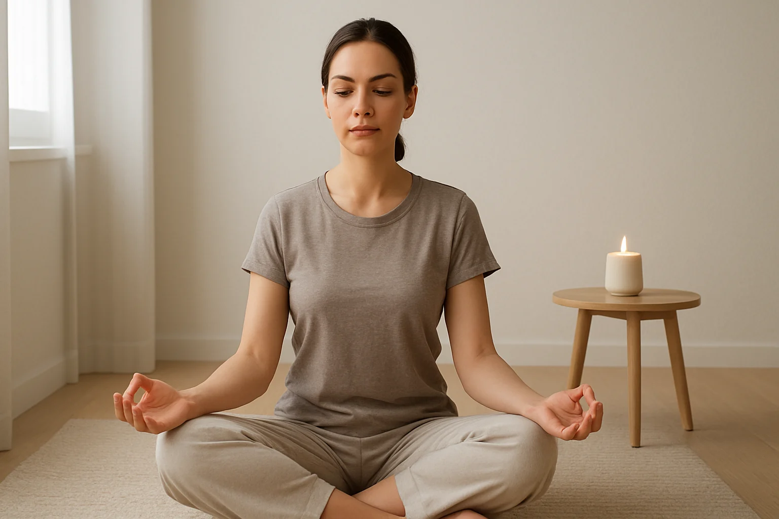 Person practicing seated yoga at home no equipment pose